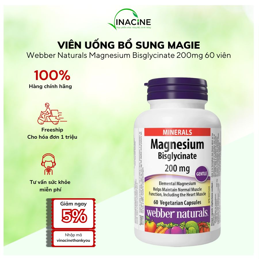 Magnesium Bisglycinate L/60v WEBBER NATURALS bổ sung magiê, cải thiện xương và răng
