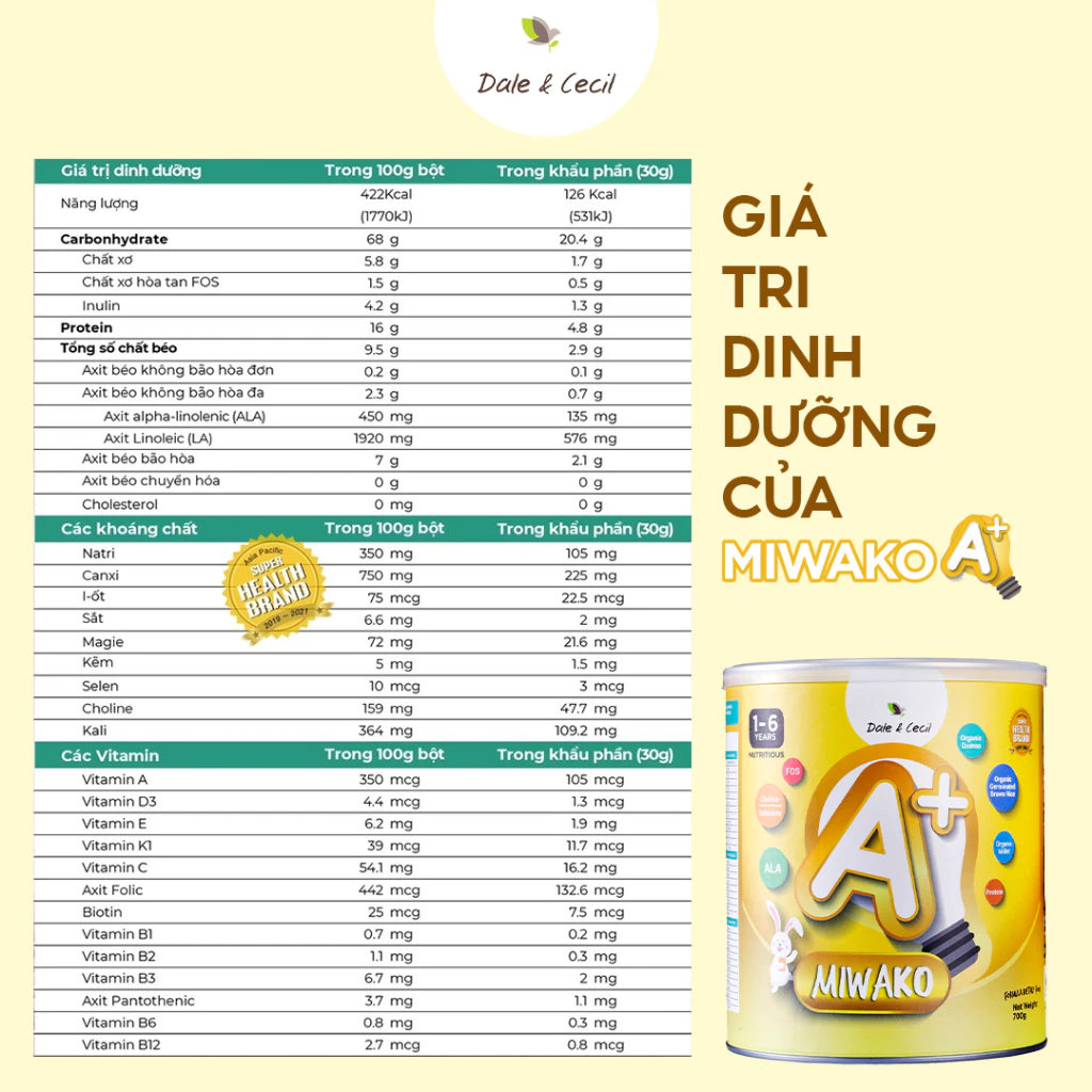 Sữa Hạt Thực Vật Hữu Cơ MIWAKO A+ 700g