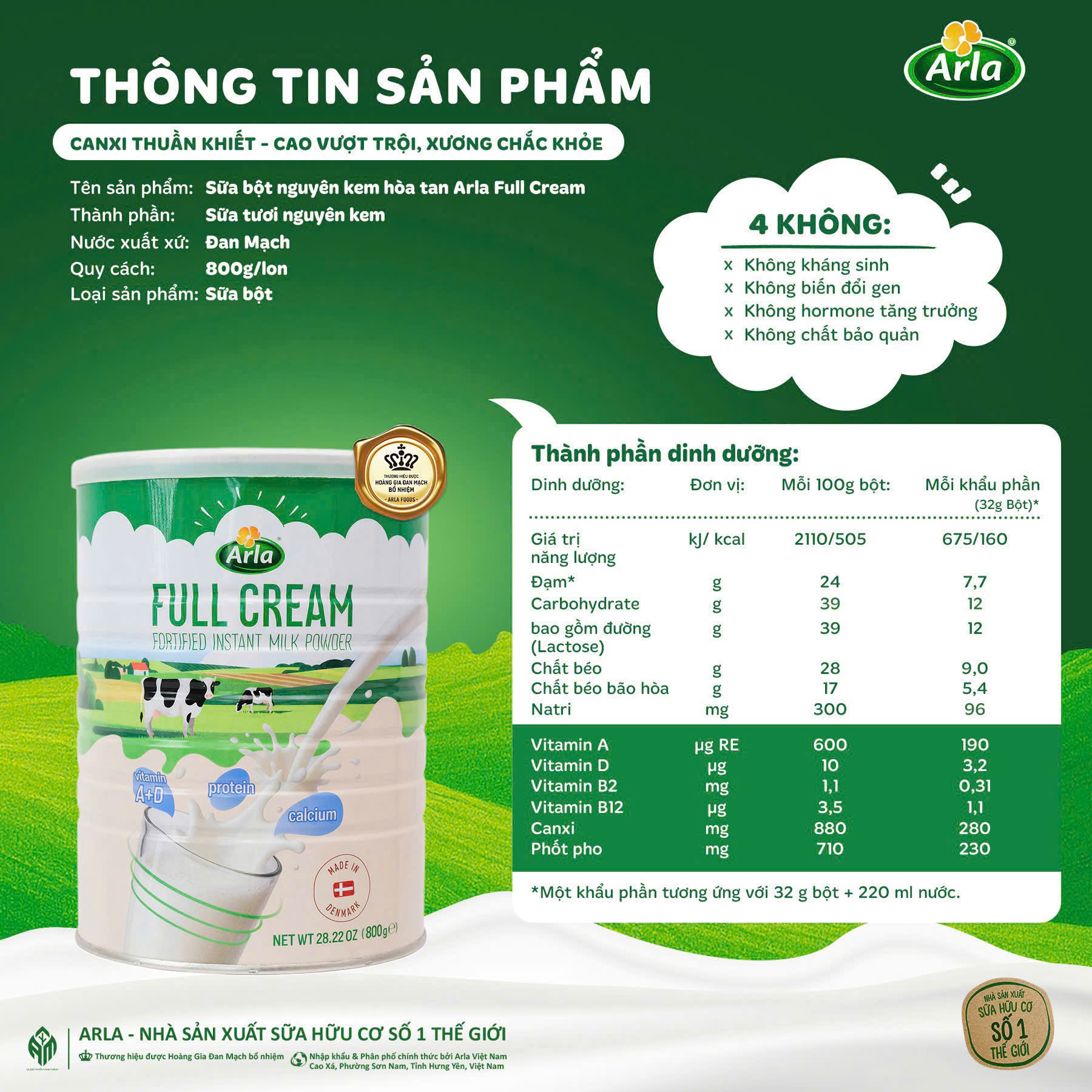 Sữa Arla bột Full Cream Hộp 800gr