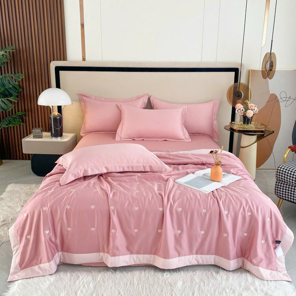 PHI LỤA- Set chăn chần phi lụa tim thêu