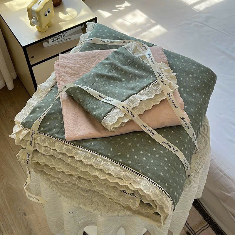 SET CHĂN CHẦN- Set Cotton đũi chăn chần ga gối Mix Ren mã 53