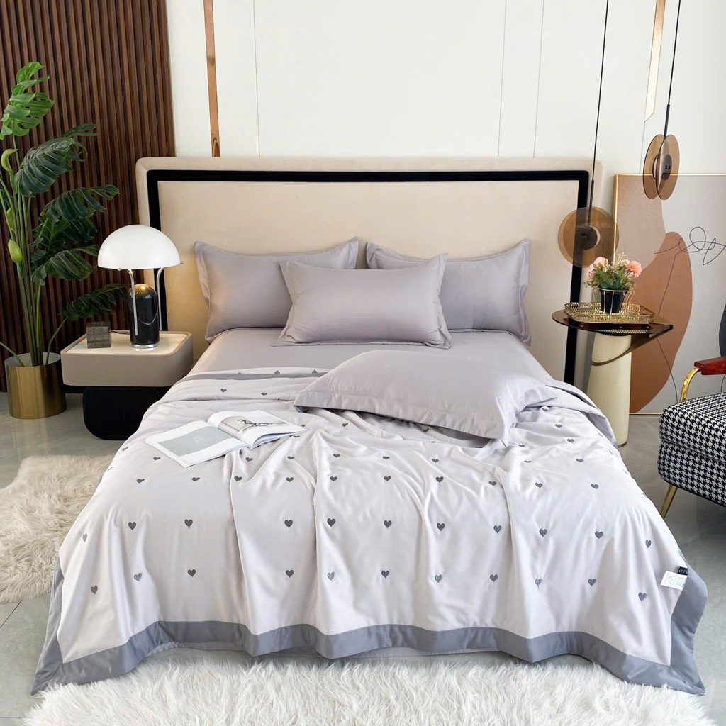 PHI LỤA- Set chăn chần phi lụa tim thêu