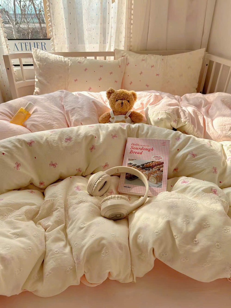 ĐŨI SỢI TRE- Bộ chăn ga Cotton Icy mix Ren