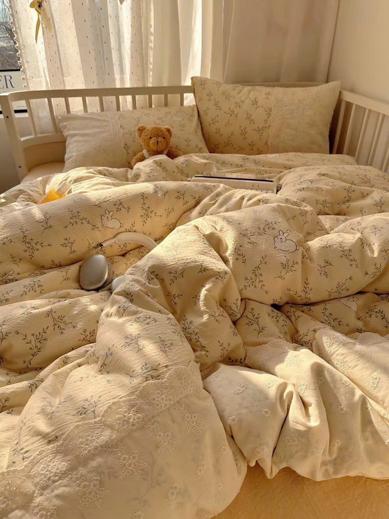 ĐŨI SỢI TRE- Bộ chăn ga Cotton Icy mix Ren