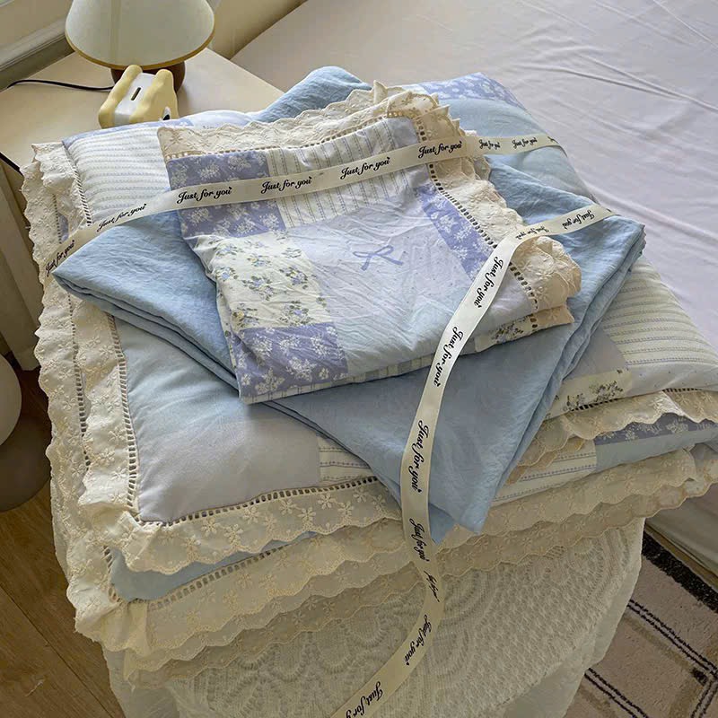 SET CHĂN CHẦN- Set Cotton đũi chăn chần ga gối Mix Ren mã 53