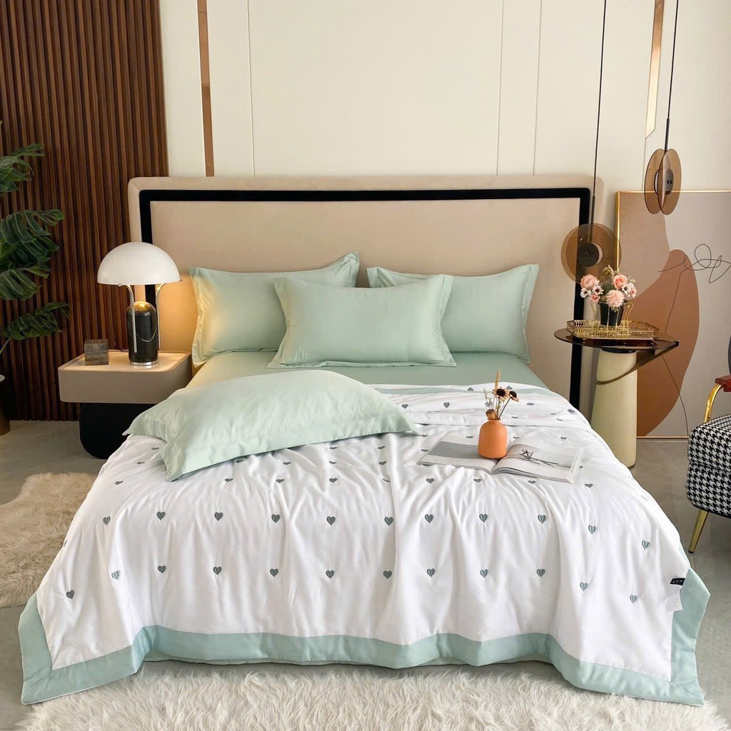 PHI LỤA- Set chăn chần phi lụa tim thêu