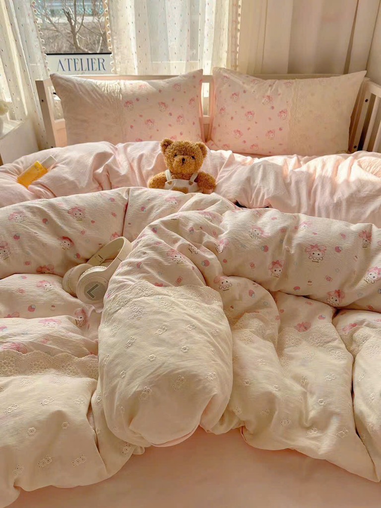 ĐŨI SỢI TRE- Bộ chăn ga Cotton Icy mix Ren