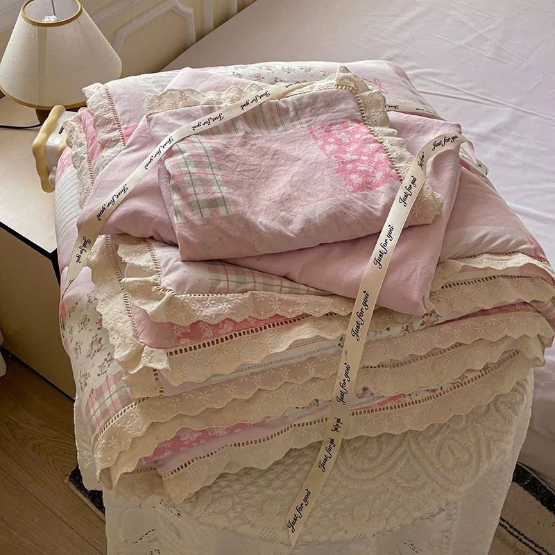 SET CHĂN CHẦN- Set Cotton đũi chăn chần ga gối Mix Ren mã 53