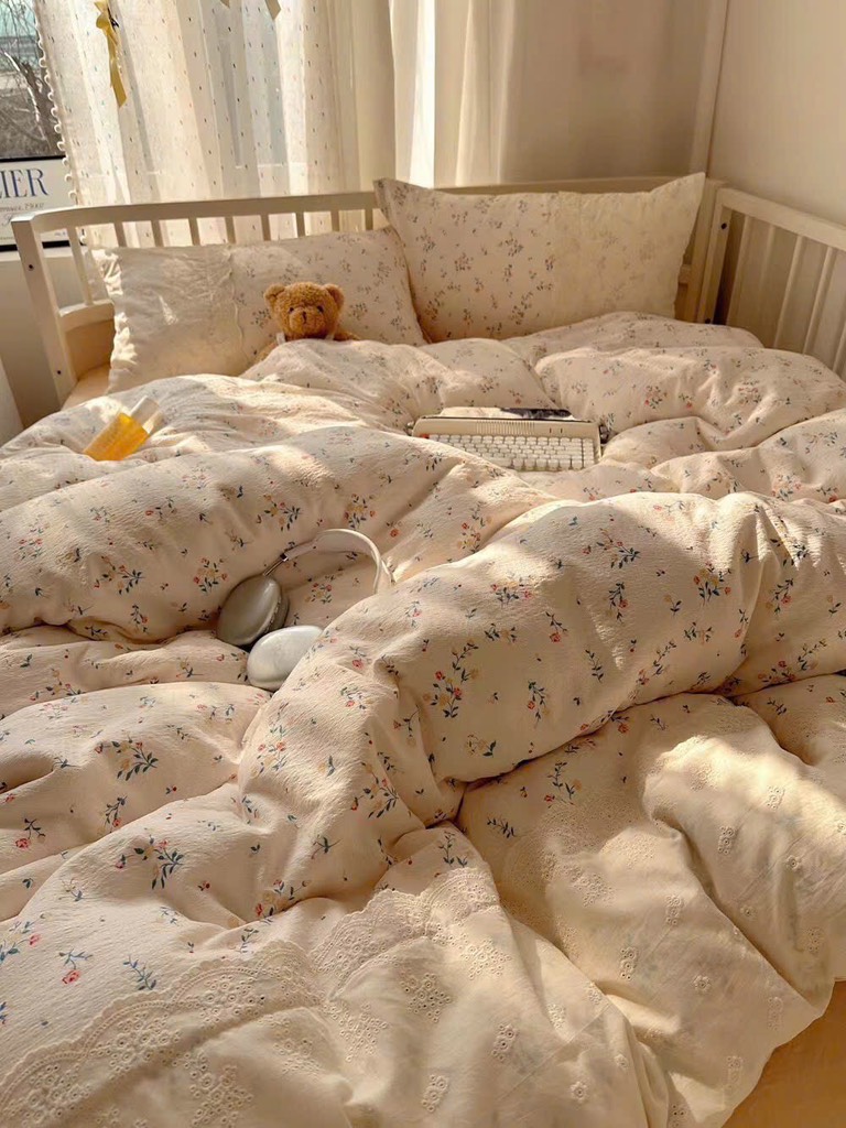 ĐŨI SỢI TRE- Bộ chăn ga Cotton Icy mix Ren