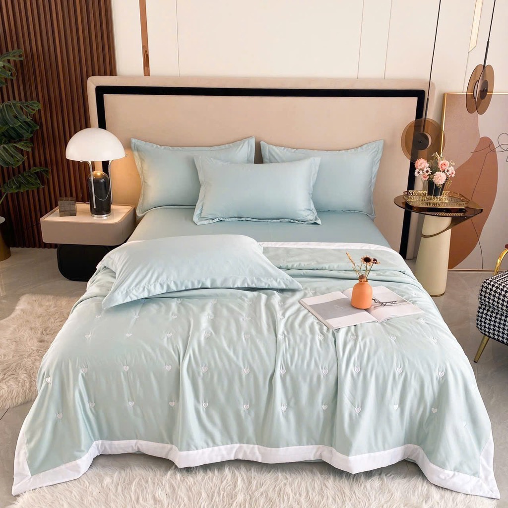 PHI LỤA- Set chăn chần phi lụa tim thêu