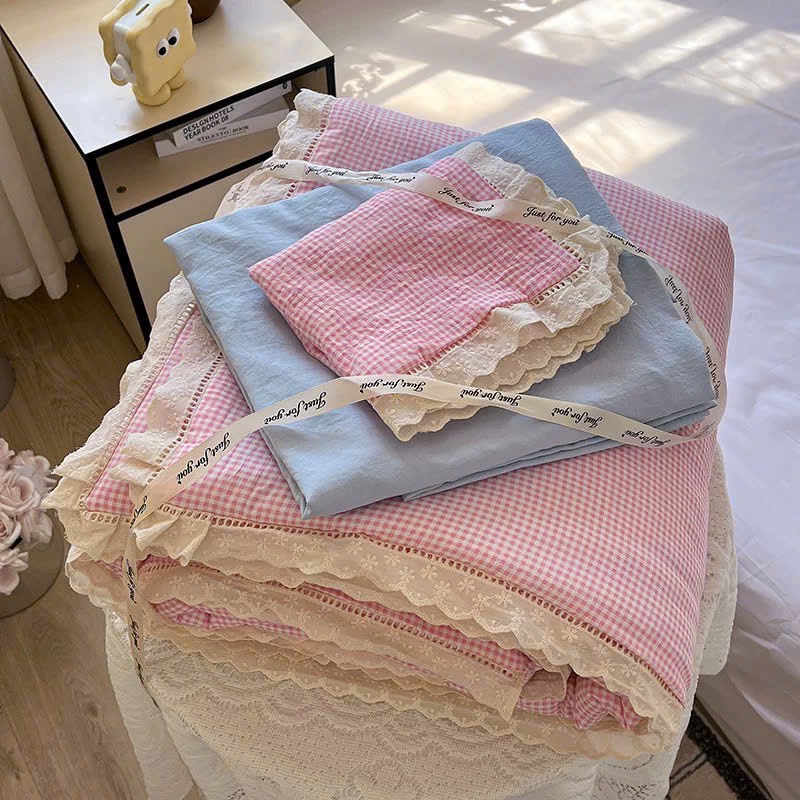 SET CHĂN CHẦN- Set Cotton đũi chăn chần ga gối Mix Ren mã 53