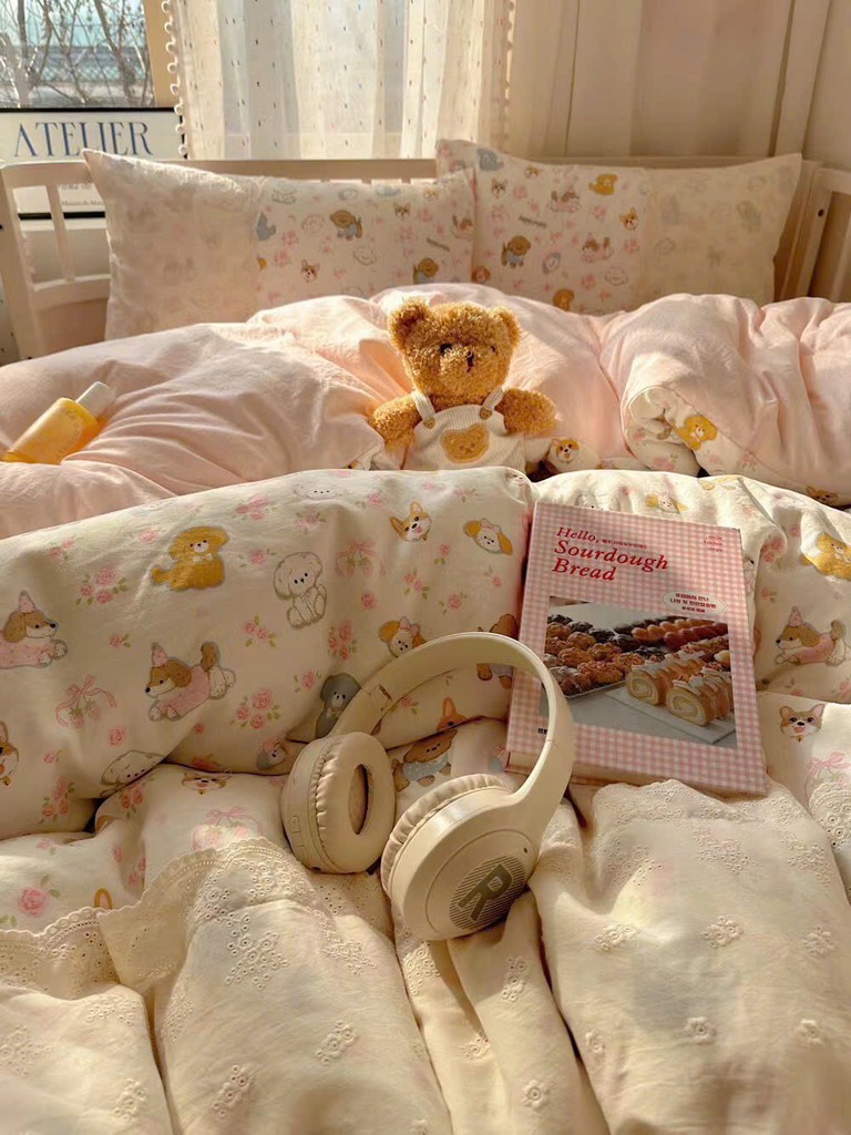 ĐŨI SỢI TRE- Bộ chăn ga Cotton Icy mix Ren