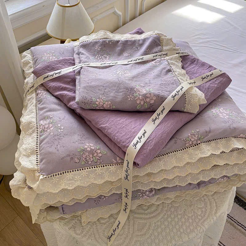 SET CHĂN CHẦN- Set Cotton đũi chăn chần ga gối Mix Ren mã 53