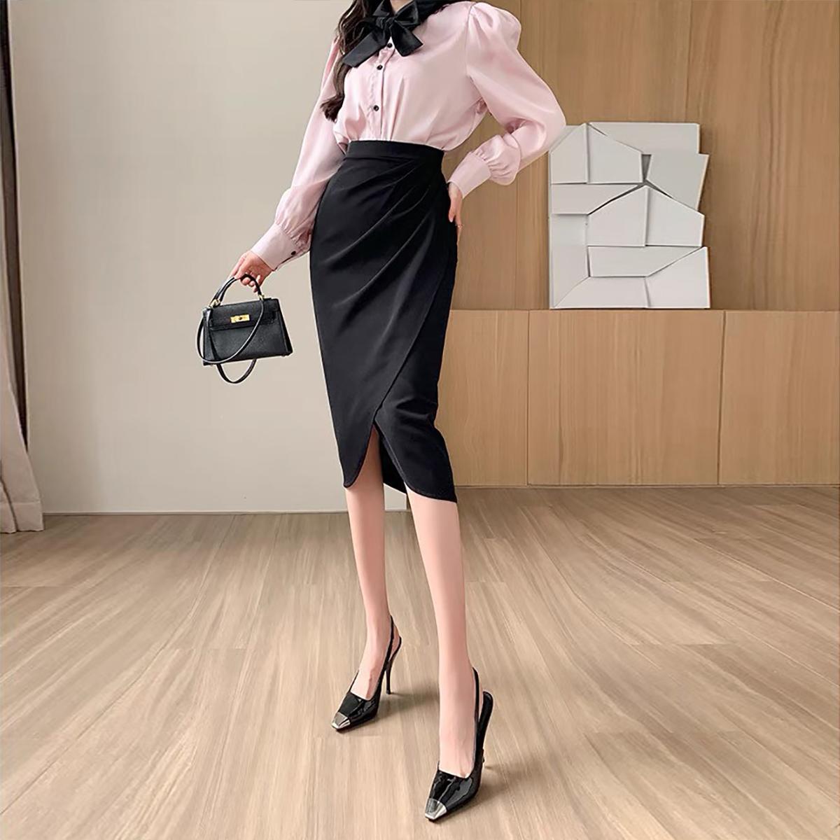 Chân váy xếp ly chéo vạt Congaivn CV10 vải xước dày co giãn, mát màu đen