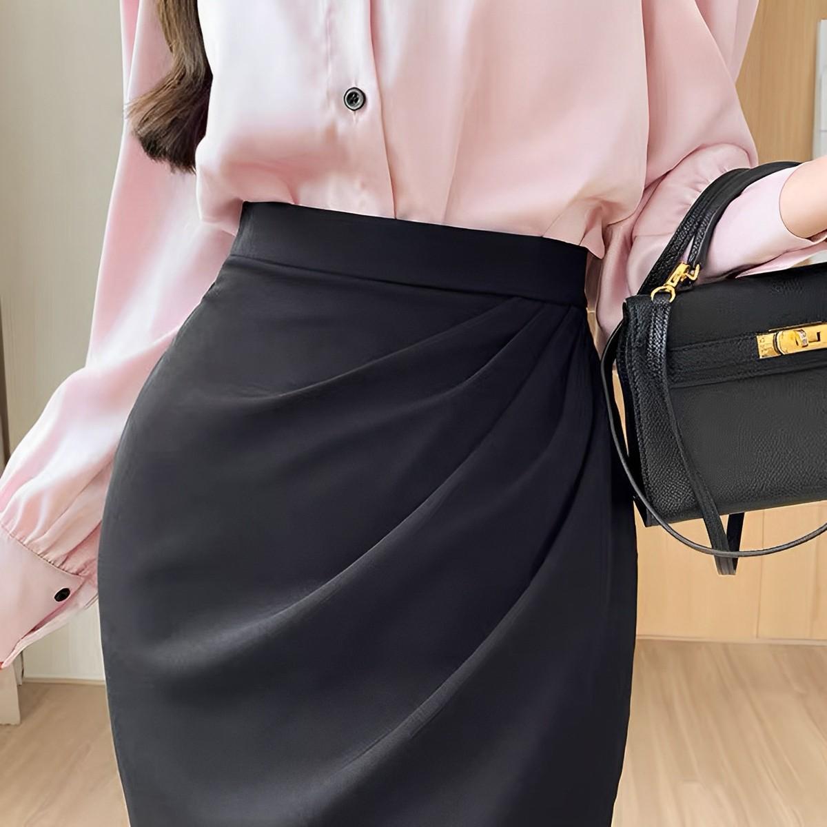 Chân váy xếp ly chéo vạt Congaivn CV10 vải xước dày co giãn, mát màu đen