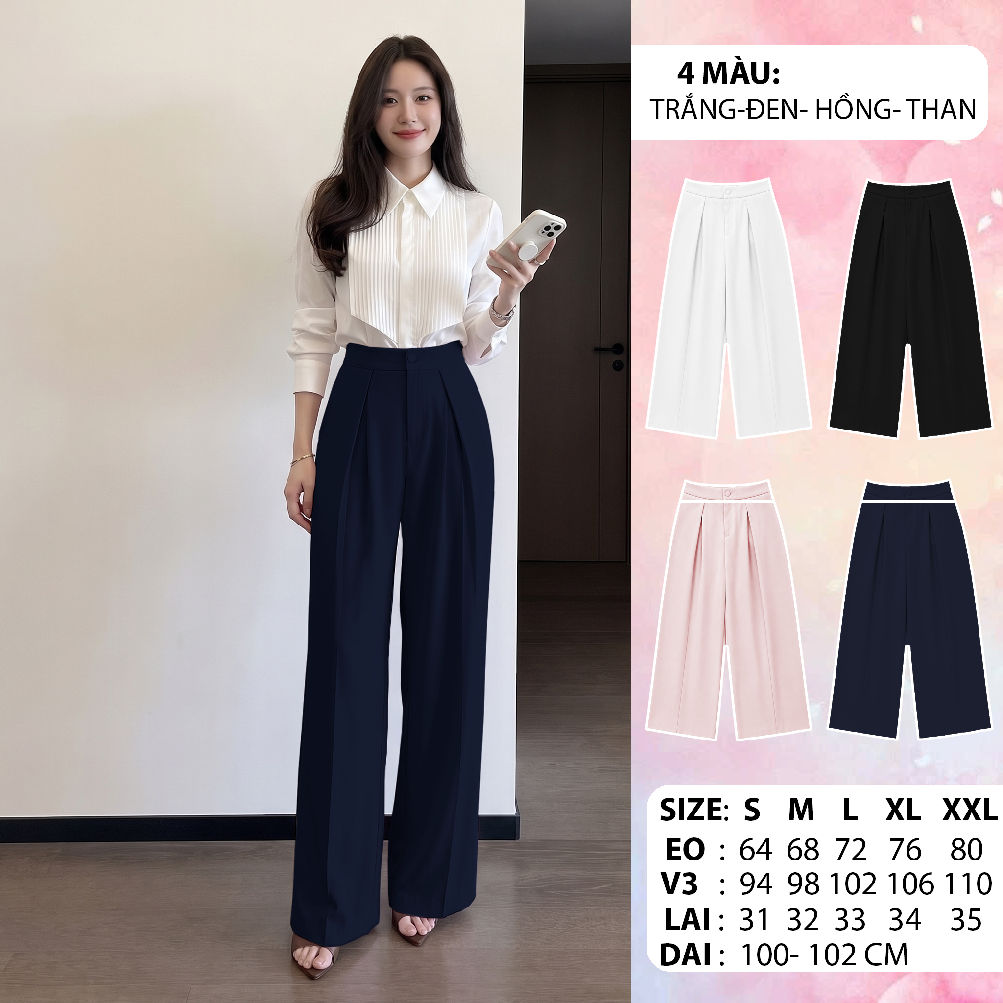 [Congaivn] [CÓ TÚI ] Quần nữ ống rộng Q4 – Cạp cao xếp ly, dài 100–102cm, 4 màu , công sở, thanh lịch
