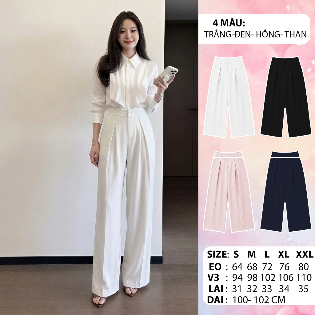 [Congaivn] [CÓ TÚI ] Quần nữ ống rộng Q4 – Cạp cao xếp ly, dài 100–102cm, 4 màu , công sở, thanh lịch