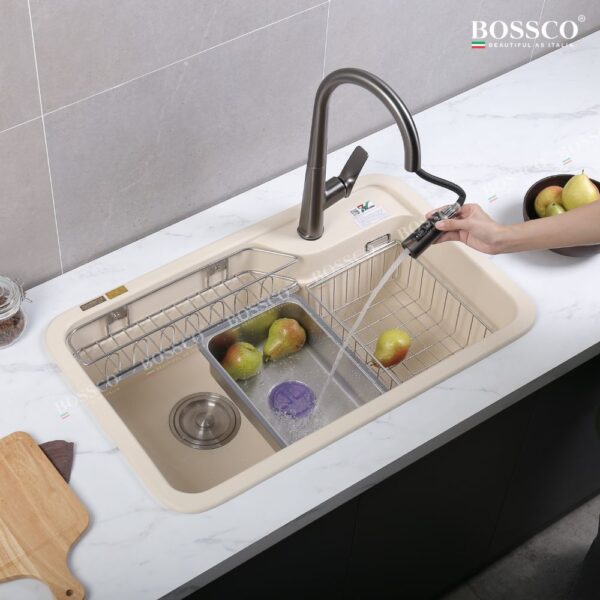 Chậu rửa chén đá 1 hộc bo góc BOSSCO BC-KT8150KKS Kem Kim Sa