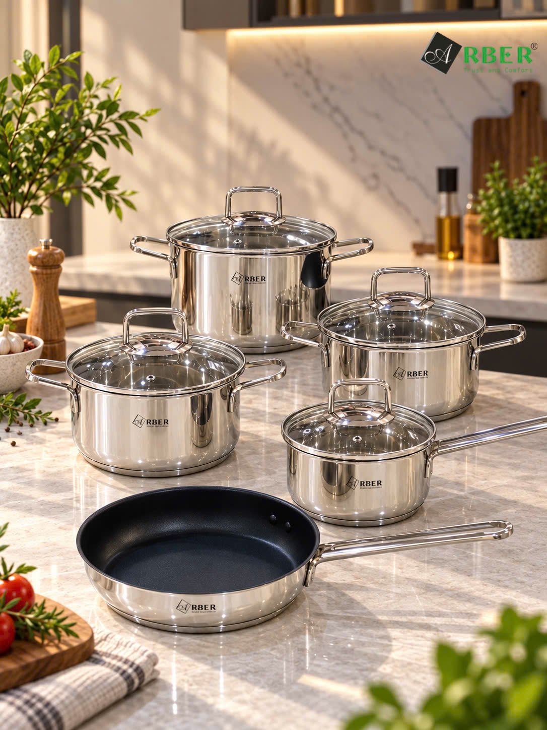 Bộ Nồi Inox 3 Đáy 5 Món Arber OSIMI Chính Hãng