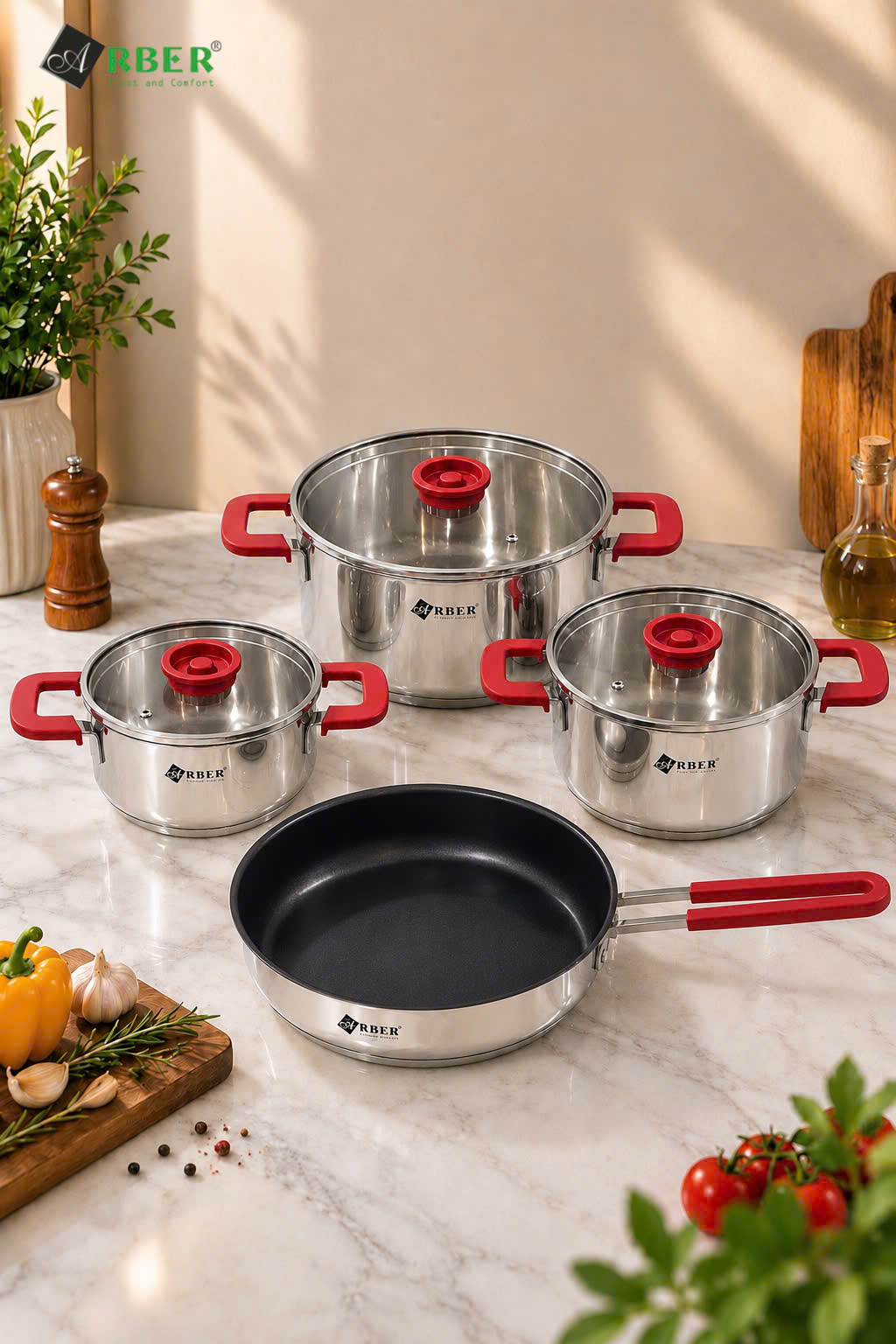 Bộ nồi inox ROSE Arber 4 món inox 304 kèm chảo chống dính