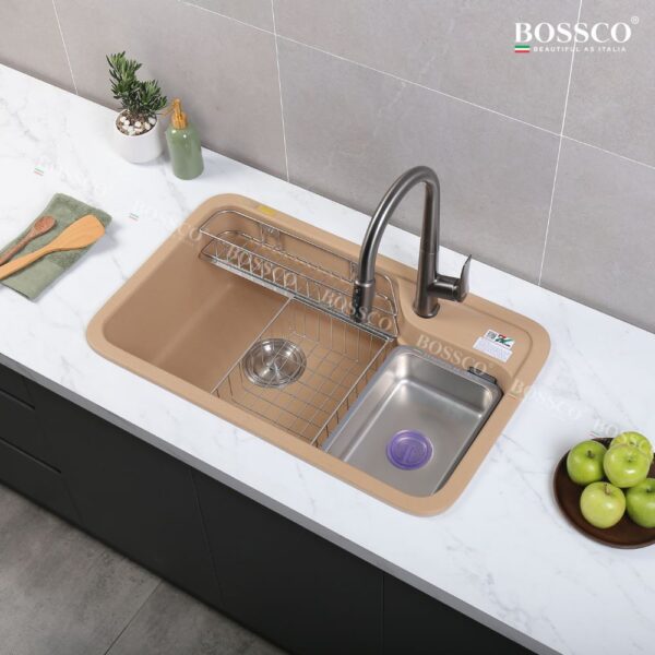 Chậu rửa chén đá 1 hộc bo góc BOSSCO BC-KT8150VK Vàng Kem Kim Sa