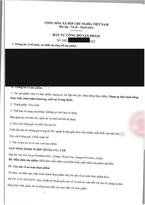 Bản tự công bố — dụng cụ bằng thuỷ tinh