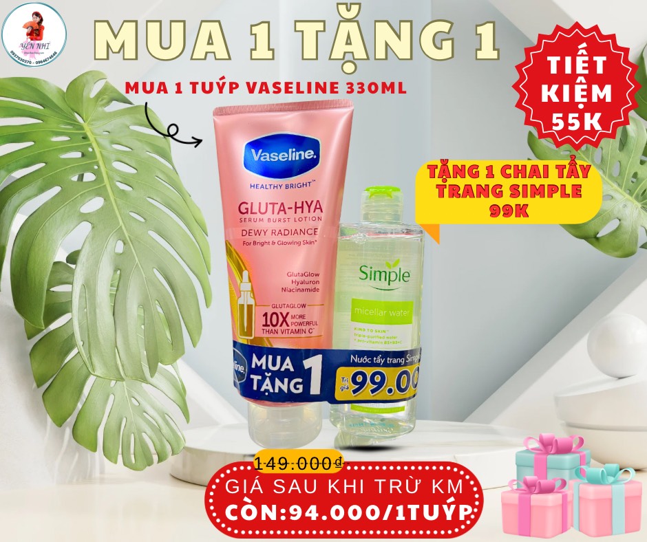 "KM SỮA DƯỠNG THỂ VASELINE HỒNG 10X CHÍNH HÃNG 330ml TẶNG KÈM CHAI NƯỚC TẨY TRANG SIMPLE 99k ( Ko áp dụng cho giảm 10%) (11)