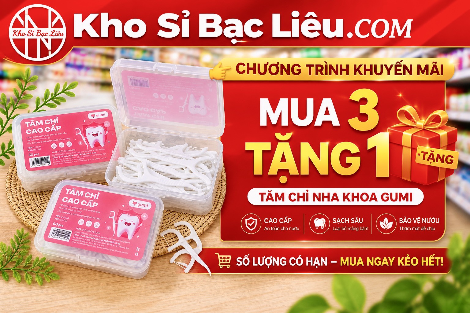 KM Hộp 50 Tăm Chỉ Nha Khoa GUMI ( MUA 3 TẶNG 1)