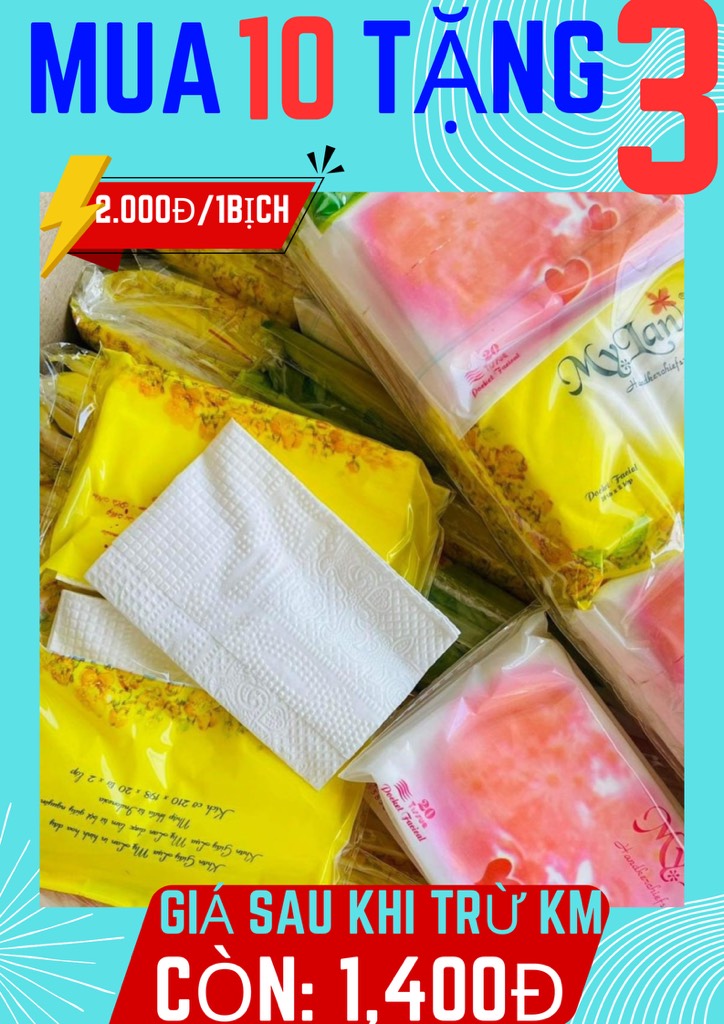 KM Bịch Khăn Giấy Bỏ Túi Cty Loại Thơm Xịn ( Mua 10 Tặng 3)