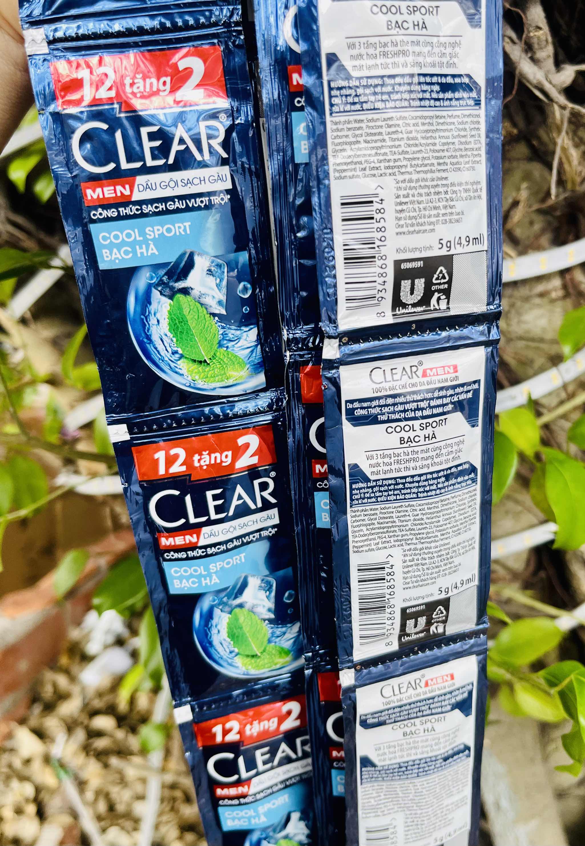 DÂY 14 GÓI DẦU GỘI ĐẦU CLEAR 5g BẠC HÀ XANH DƯƠNG