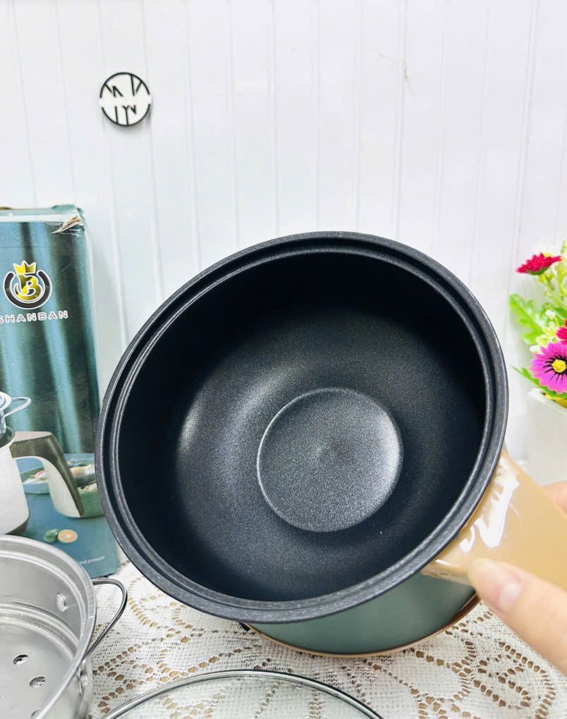 CA NẤU MÌ LẨU ĐIỆN SHANBAN MINI 18cm CÓ LỒNG HẤP (8)