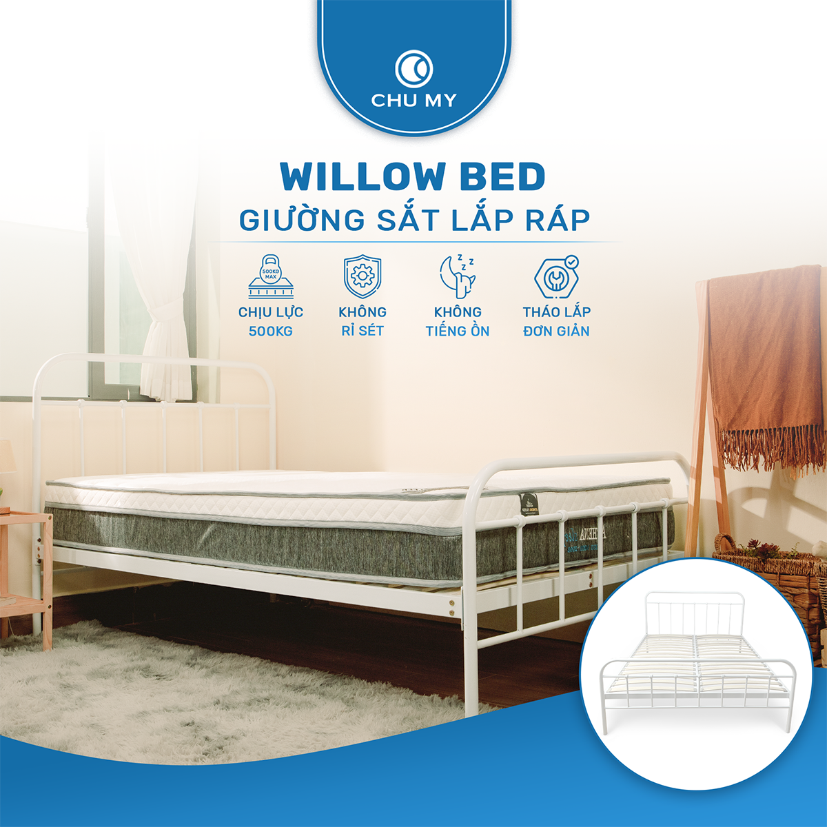 Giường sắt lắp ráp CHUMY WILLOW sơn tĩnh điện, khung thép ống, màu đen nhám/trắng bóng - Hình ảnh 2