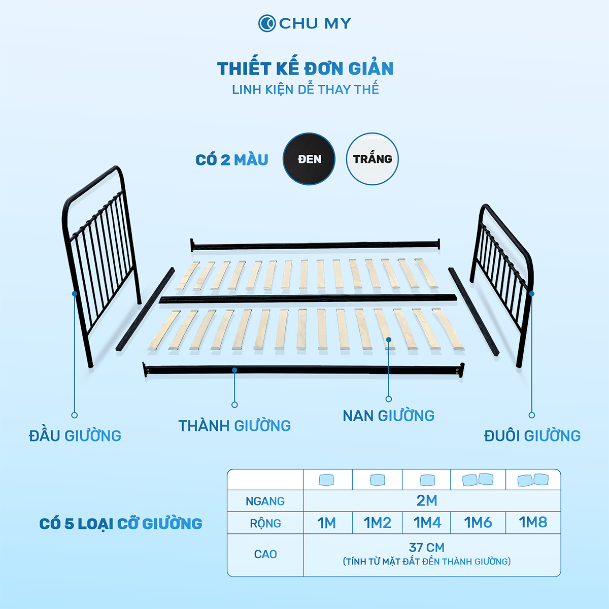 Giường sắt lắp ráp CHUMY WILLOW sơn tĩnh điện, khung thép ống, màu đen nhám/trắng bóng - Hình ảnh 5
