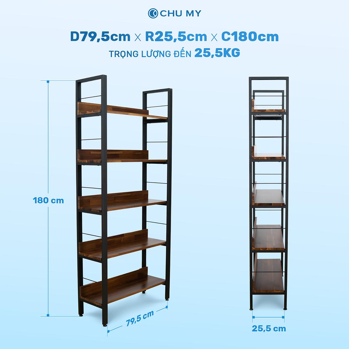 Kệ trang trí 5 tầng CHU MY khung thép sơn tĩnh điện, mặt ván gỗ tràm tự nhiên dày 17cm, trọng lượng 25.5KG - Hình ảnh 5