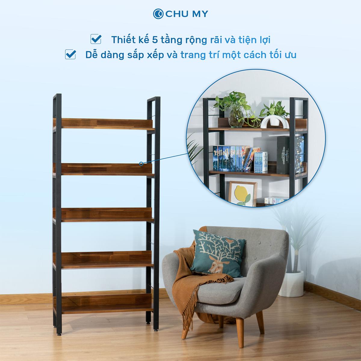 Kệ trang trí 5 tầng CHU MY khung thép sơn tĩnh điện, mặt ván gỗ tràm tự nhiên dày 17cm, trọng lượng 25.5KG - Hình ảnh 4
