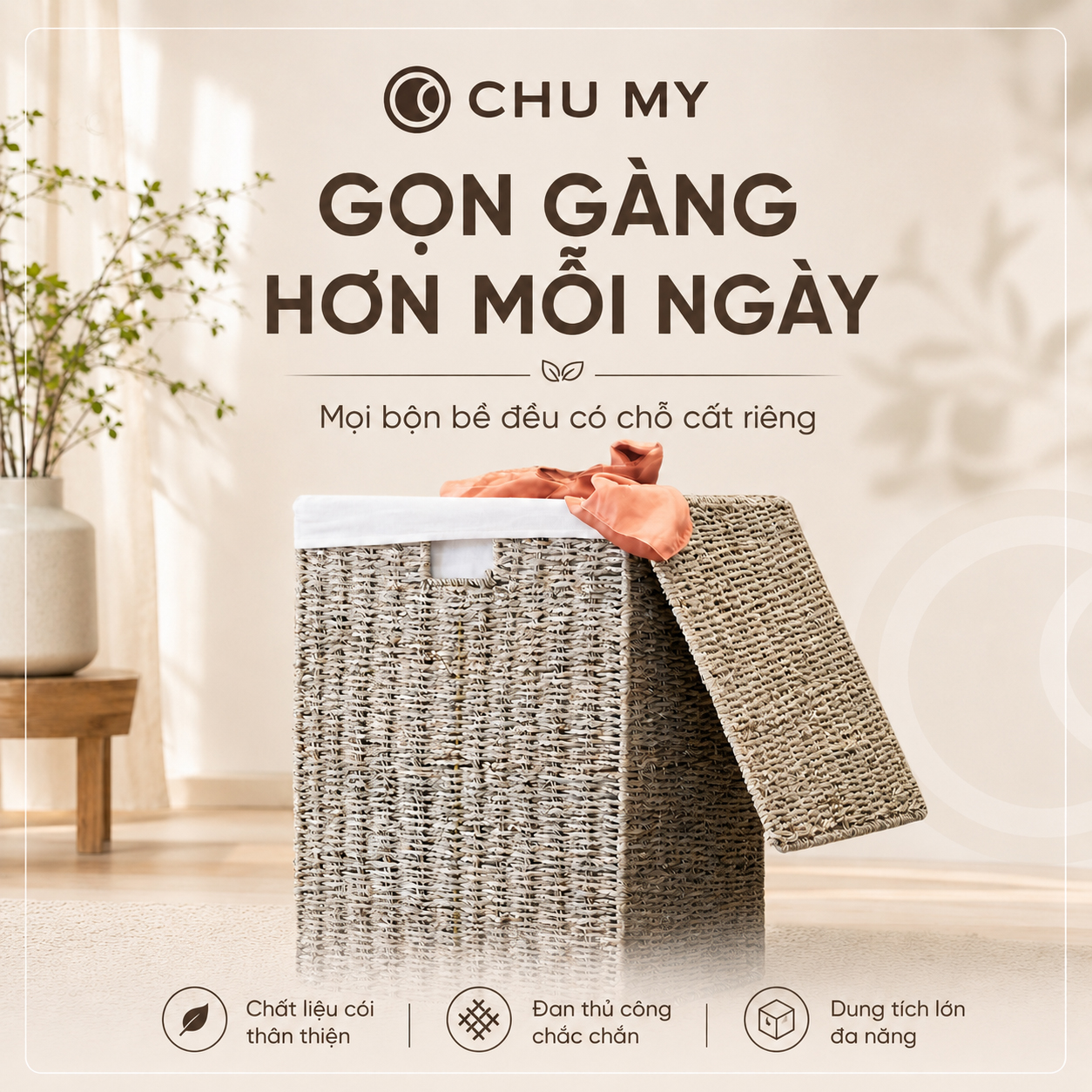 Thùng Cói Đa Năng Có Vải Lót – Giỏ Đựng Đồ Tự Nhiên Bền Đẹp - Hình ảnh 3