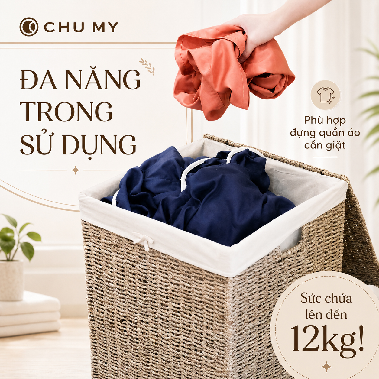 Thùng Cói Đa Năng Có Vải Lót – Giỏ Đựng Đồ Tự Nhiên Bền Đẹp - Hình ảnh 4