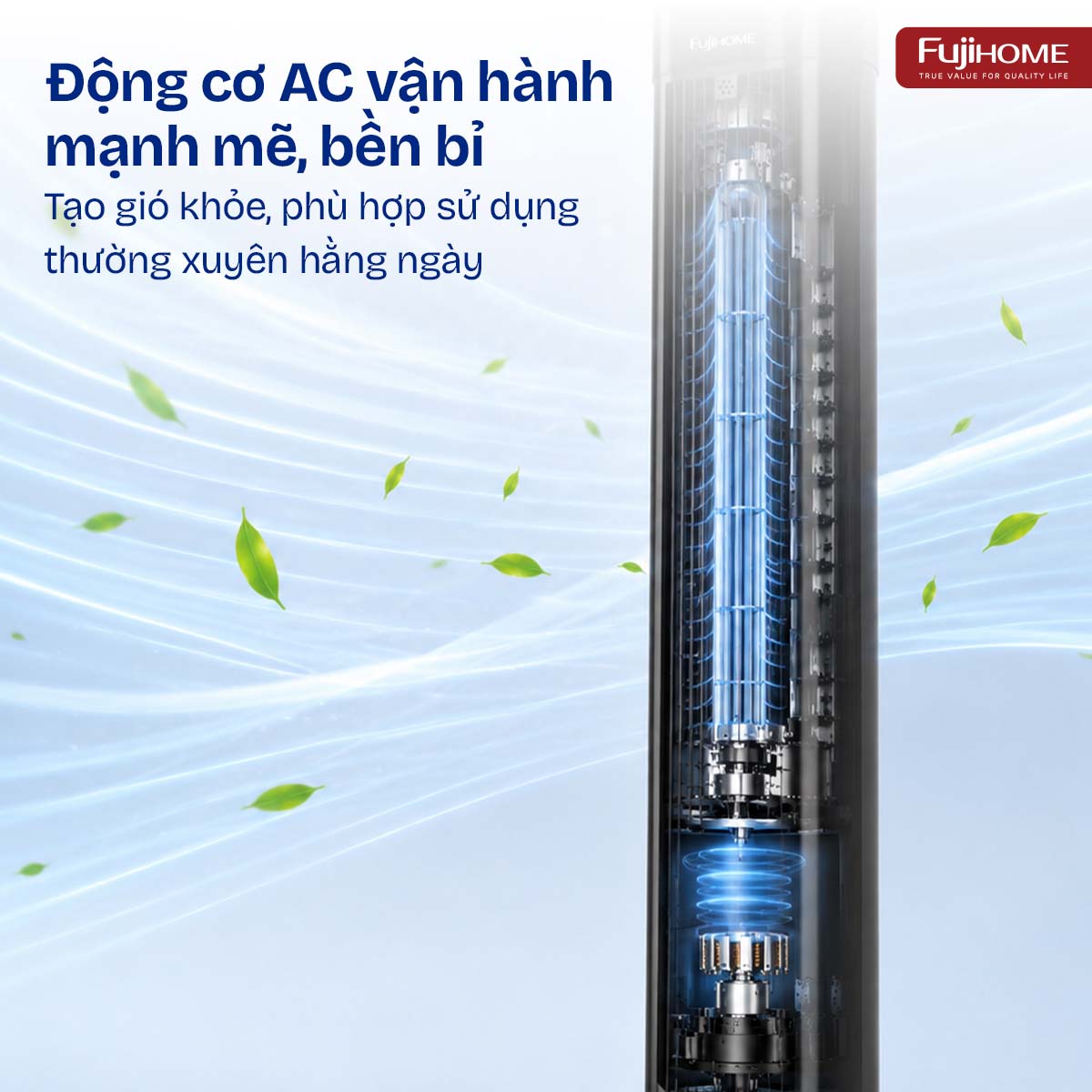 Quạt tháp Fujihome TF-51F 45W gió êm, có remote và khay tinh dầu