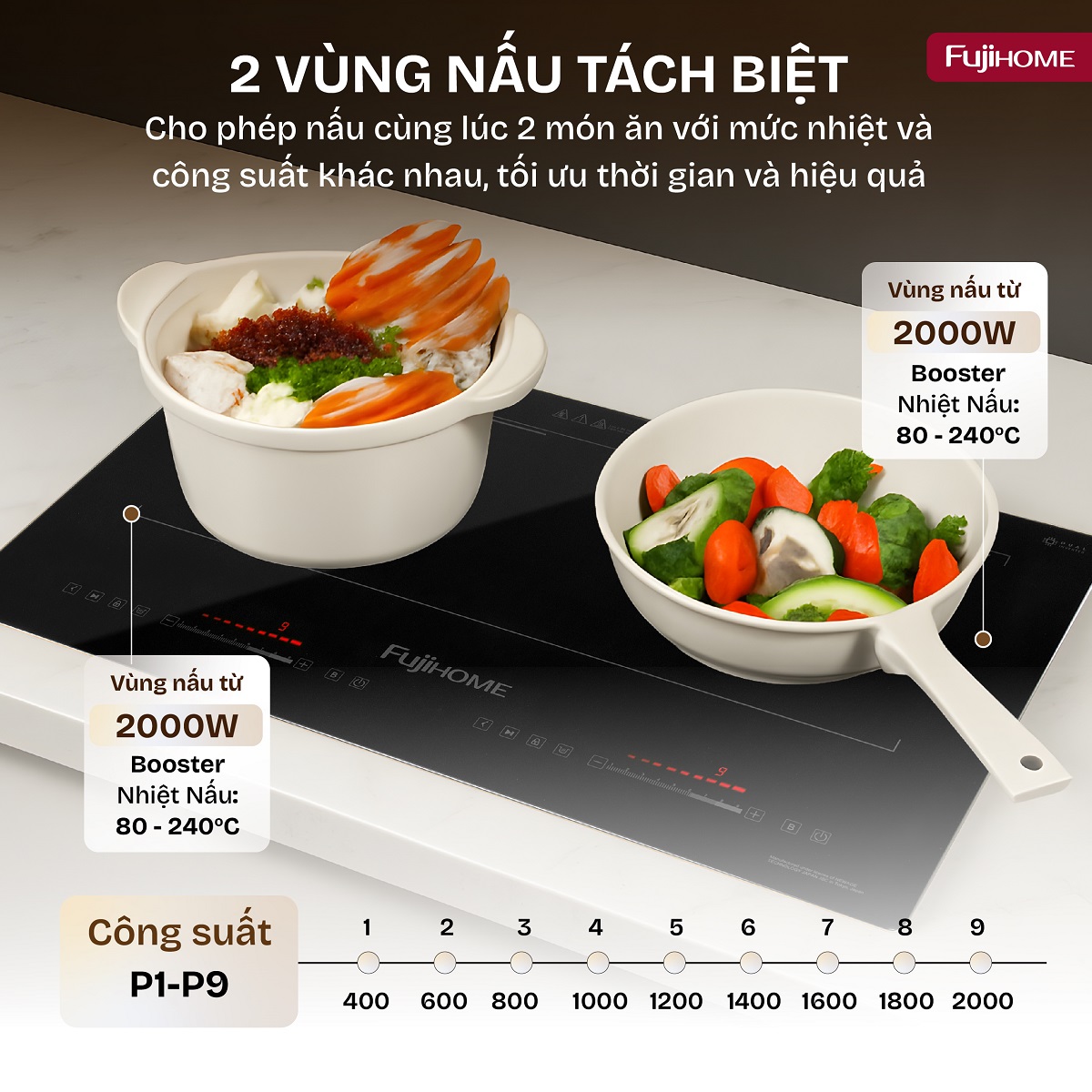 Fujihome IC2622 – bếp từ đôi 4400W nấu nhanh hai món, vuốt trượt tiện tay