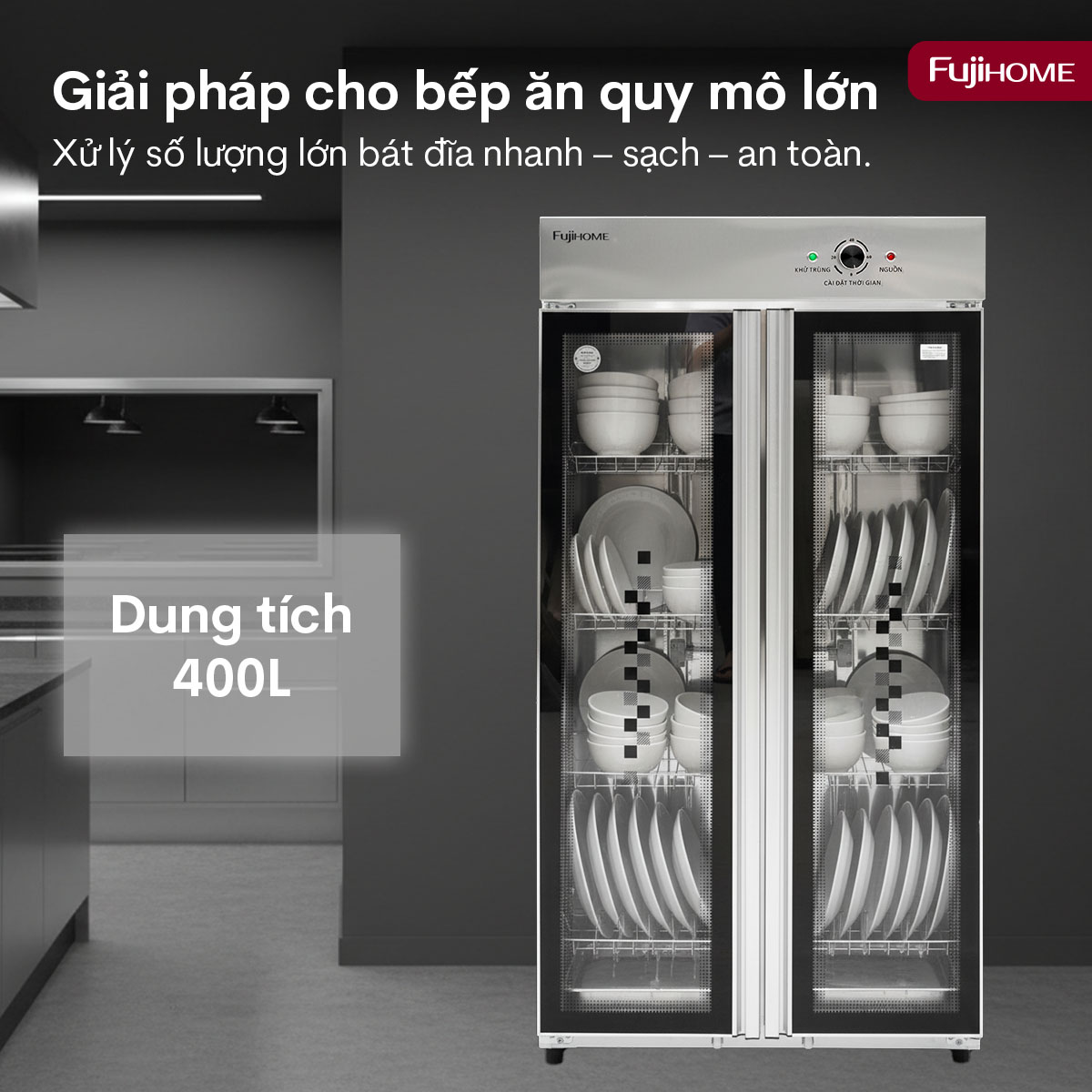 Tủ sấy bát 2 cửa Fujihome DD400A 400 lít - cho trường học, bếp ăn tập thể