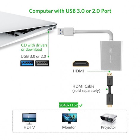 Cáp chuyển USB 3.0 to HDMI cao cấp chính hãng Ugreen 40229 | Hàng chính hãng