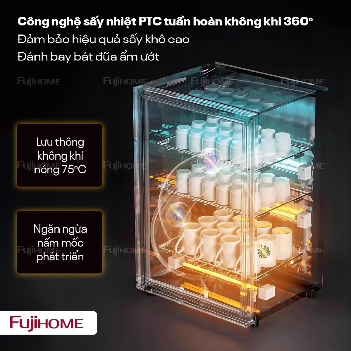 Tủ sấy chén bát gia đình Fujihome DD128 128 lít màu đen - sấy cả bình sữa cho bé