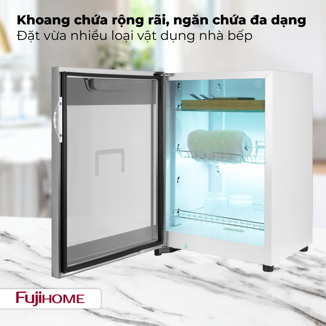 Fujihome DD68 – tủ sấy bát đĩa 68L diệt khuẩn UV Ozone cho nhà 4–6 người