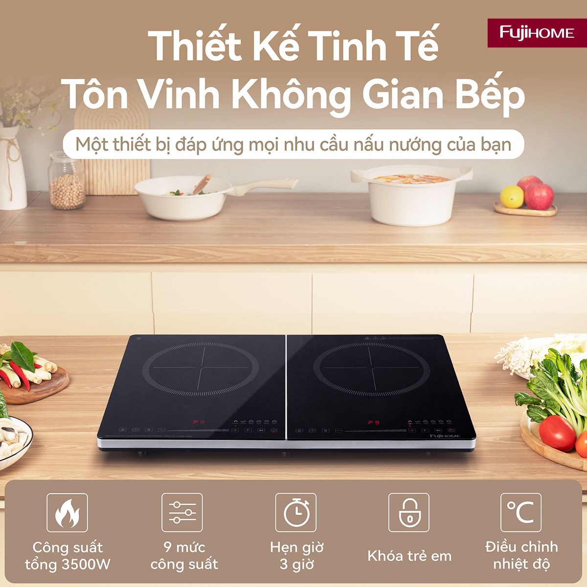 Fujihome IC2123 – bếp từ đôi 3500W nấu hai món cùng lúc, vuốt trượt từng vùng
