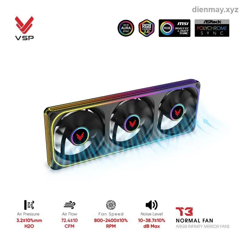 Bộ quạt tản nhiệt VSP T3 Normal Fan ARGB Infinity Mirror Đen (3 quạt liền khối) - Tản nhiệt và trang trí LED cho vỏ case PC gaming