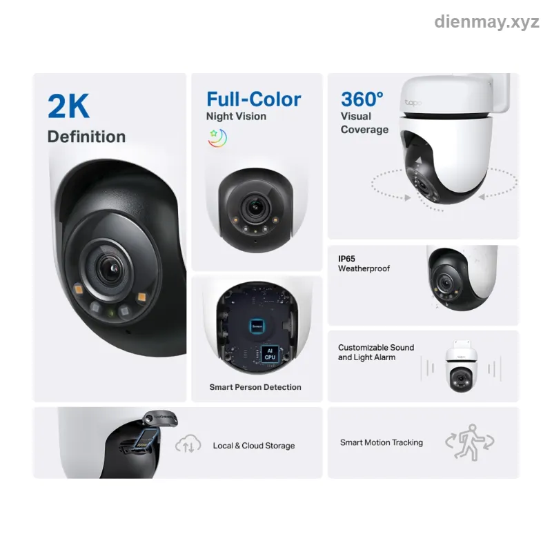 Camera Wi-Fi ngoài trời quay quét Tapo C510W 2K 2304x1296 - Sân vườn, cổng nhà, cửa hàng cần camera ngoài trời quay quét