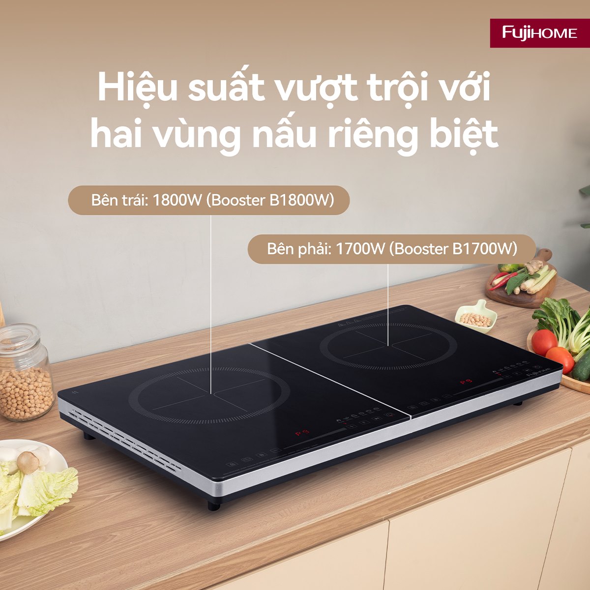 Fujihome IC2123 – bếp từ đôi 3500W nấu hai món cùng lúc, vuốt trượt từng vùng