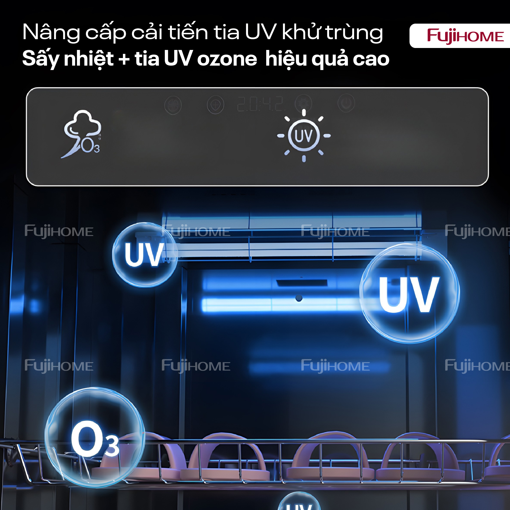 Tủ sấy bát Fujihome DD220 220 lít cảm ứng, UV + Ozone - cho quán ăn và bếp văn phòng