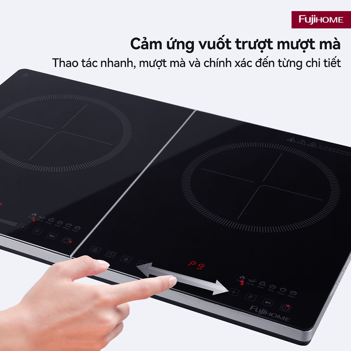 Fujihome IC2123 – bếp từ đôi 3500W nấu hai món cùng lúc, vuốt trượt từng vùng