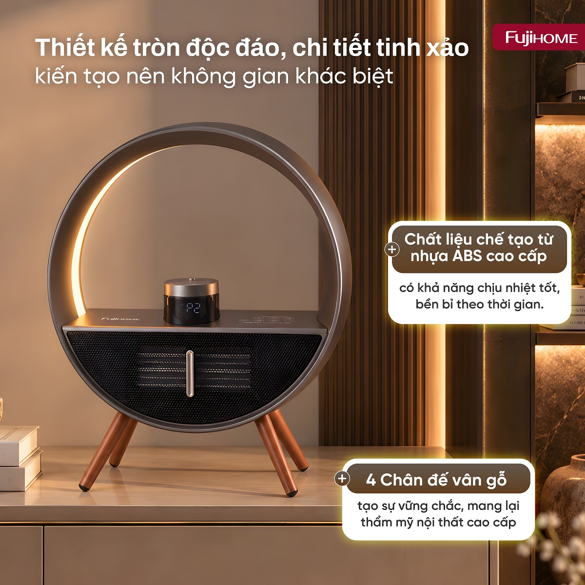 Máy sưởi gốm để bàn Fujihome FH02RLUX 2000W ra lệnh giọng nói, có đèn ngủ và tạo ẩm